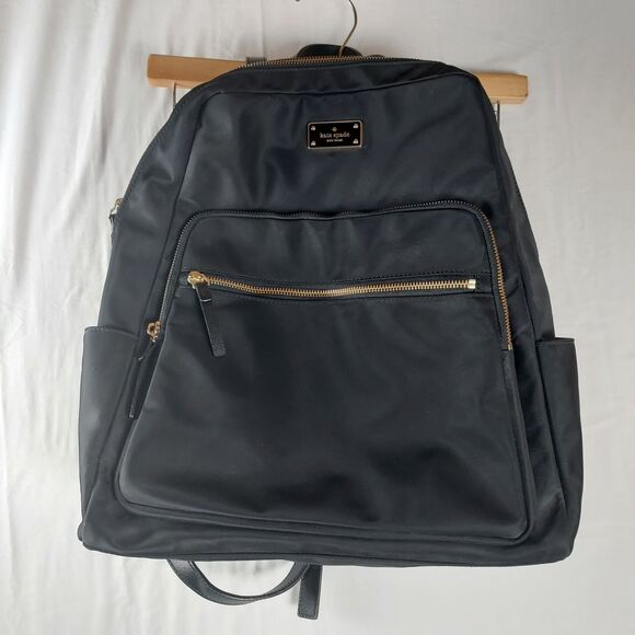 Kate Spade Nylon Backpack Black Gold Hardware Large Laptop School Travel Tote - Picture 1 of 16